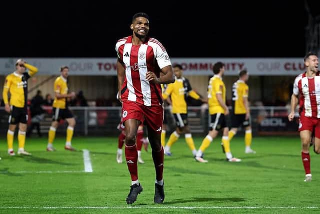 Michael Nottingham celebrates scoring Brackley Town's equaliser in the FA Cup loss to Burton Albion (Photo by David Rogers/Getty Images)
