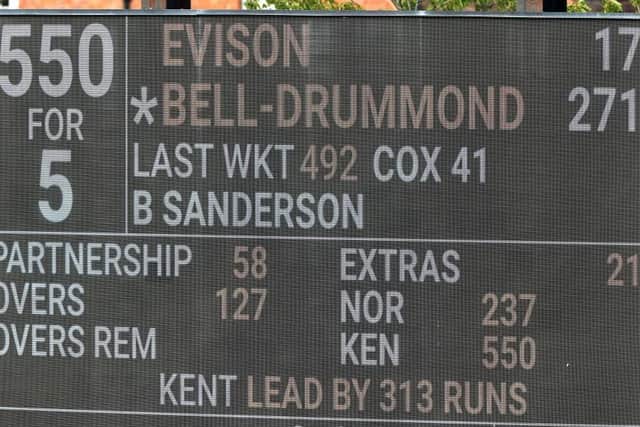 The scoreboard shows Kent's Daniel Bell-Drummond's score at close of play (Picture: David Rogers/Getty Images)