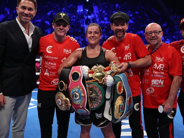 Chantelle Cameron and her team celebrate her brilliant win over Jessica McCaskill on Saturday night (Picture: Mark Robinson / Matchroom Boxing)