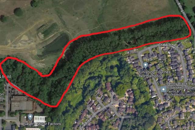 According to Taylor Wimpey, this is the approximate area where the hybrid black poplar trees will be felled. The boundary generally follows the north of the Billing Brook.