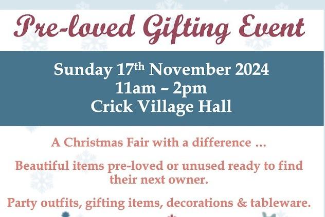A pre-loved gifting event will take place at Crick Village Hall on Sunday November 17 between 11am and 2pm. There will be clothing, gifts, decorations and tableware on offer, or pre-loved to promote sustainability. Entry is £1 per person (cash is preferred on the day). Children under 11 go free. There will also be a raffle and a cafe. Money raised will go towards supporting the village and sustainability.