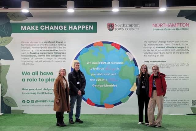 The display in the Grosvenor Centre with members of the Climate Change Forum and Mia Joyce, Ava Joyce who instigated and planned the Northampton Global Strike Day climate crisis marches in 2019.