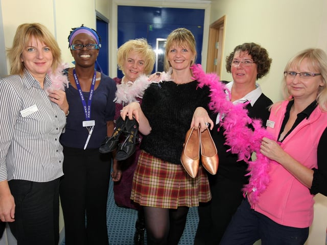 2010 - Lisa Donald and Macmillan staff at the haematology unit at Northampton General Hospital to promote Strictly Chron Dancing. Pictured: Sheraly Holmes, neuro-oncology CNS, Trish Hughes, Macmillan haematology CNS, Jan Bolton, Macmillan social care co-ordinator, Lisa Donald, Pam Ferrar, Macmillan urology CNS and Judith Fletcher, Macmillan urology CNS.