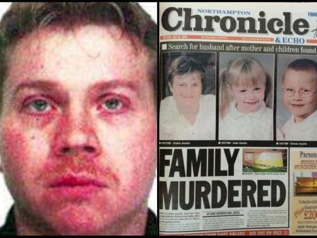 Evil killer Philip Austin murdered his wife, Claire, their children Keiran, eight, and seven-year-old Jade at their family home in Standens Barn in 2000. Their bodies and those of two dogs he also slaughtered were found a week later by Claire’s mum and stepdad. He pleaded guilty and was sentenced in 2001 to three life sentences.