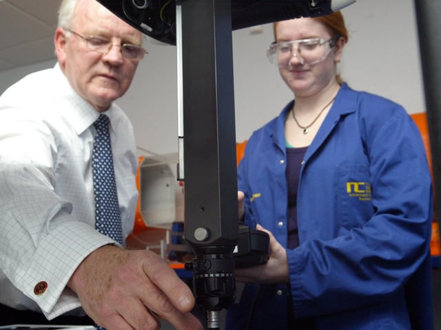 Rebecca Currington and her tutor/Advanced Technology Manager Tom Sanderson at their workshop at Northampton College