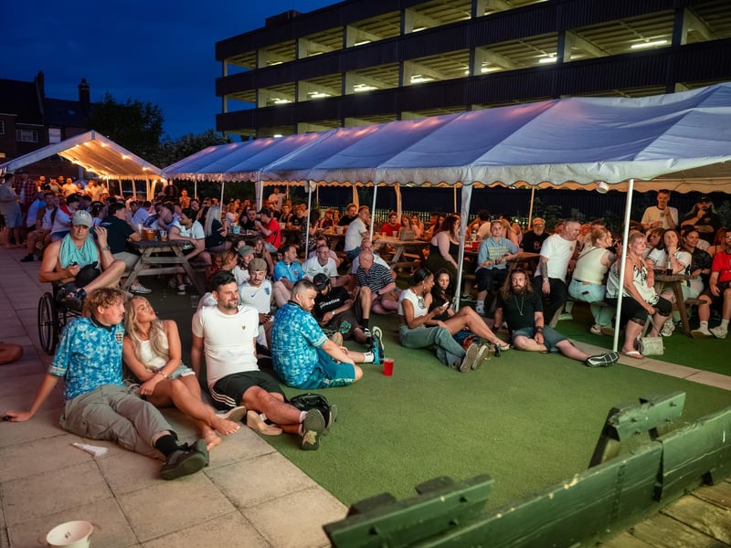Football fans watching England vs Panama in the garden of The Black Prince in Northampton on Saturday, June 27, 2026. Photo by David Jackson.