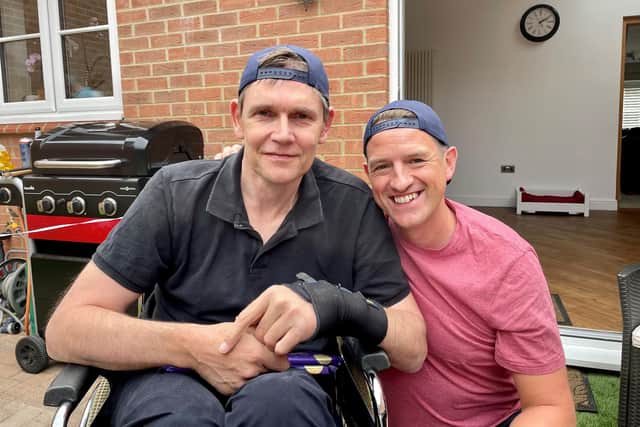 Nick England (pictured right) is running the London Marathon on October 2 for Cure Parkinson's as it is close to his heart, as his brother-in-law Simon (pictured left) lives with the condition.