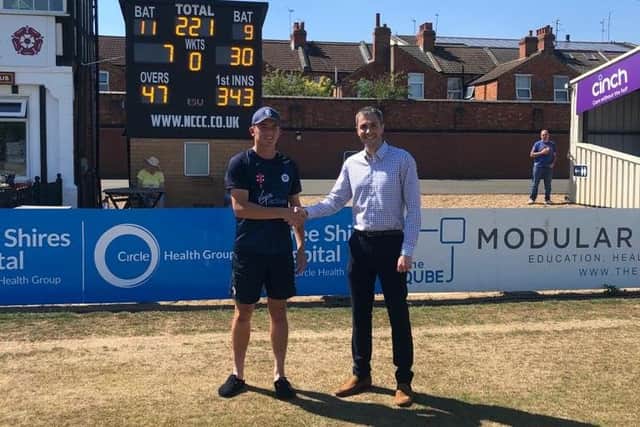 Oliver Doyle (Executive Director of Three Shires Hospital) shaking hands with all-rounder James Sales as Three Shires Hospital announces player sponsorship. 