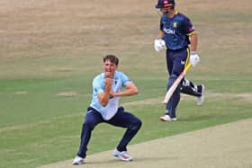 Raphy Weatherall celebrates one of his four wickets (Picture: Peter Short)