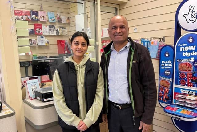 Bipin Patel, who is retiring from Ecton Brook Post Office, with new Postmaster Ayesha Patel.