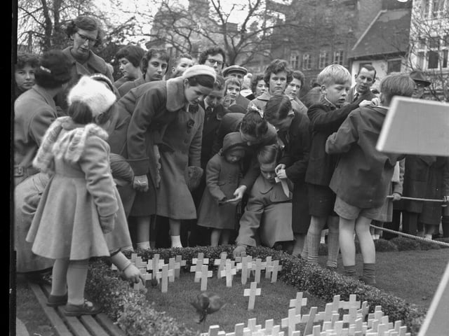 Remembrance service at All Saints Church, Northampton, children place poppy crosses