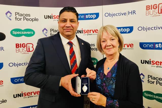 Naz Islam BCA with Dame Mary Perkins, founder of Specsavers
