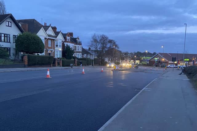The delays have been caused by road resurfacing outside of furniture shop Bell in Kingsthorpe Road – leaving one side of the road cordoned off.