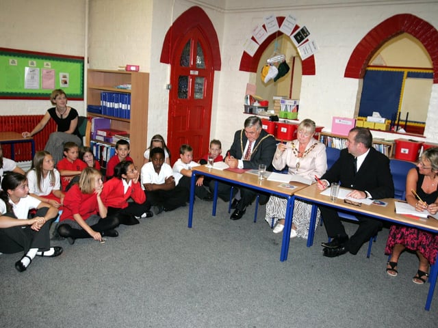 Children from Wootton Primary School doing presentations at a Dragons' Den style event, with a panel including Northampton Mayor and Mayoress Michael and Margret Hill and businessman Tony Ansell.