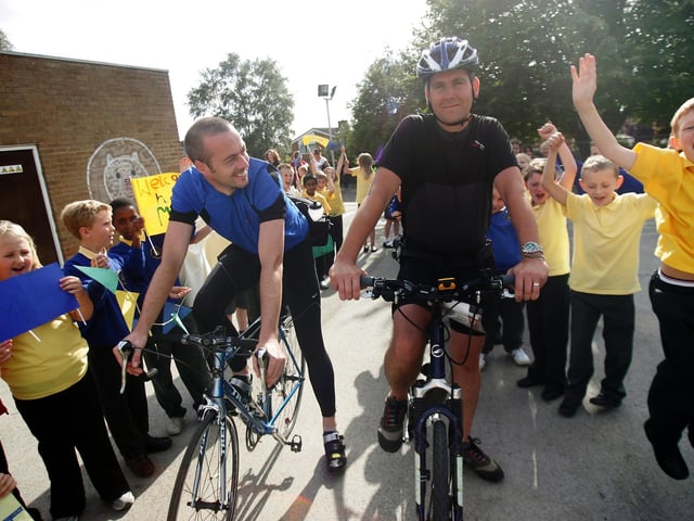 Mark Taylor, a parent Govenor at White Hills Primary school, Kingsthorpe, returning with Ben Jagger from a four day charity cycle, from Snowdonia in North Wales to Northampton. September 20, 2006