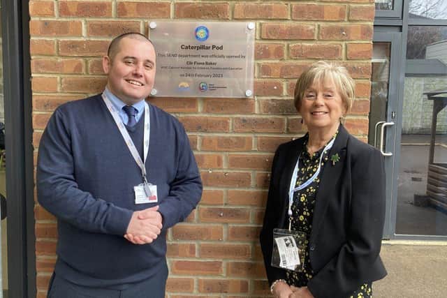Castle Academy Head of School Daniel Lugg with Councillor Fiona Baker, Cabinet Member for Children, Families and Education at West Northamptonshire Council 
