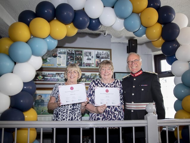 Northamptonshire Lord-Lieutenant, James Saunders Watson Esq, presenting sisters Kathleen Soper & Marie Ryan, volunteers at The McCarthy-Dixon Foundation, with their Rose of Northamptonshire Awards . Kathleen Soper and her sister Marie Ryan volunteer for The McCarthy-Dixon Foundation’s Monday Club, hosting weekly bingo sessions, checking in with and entertaining members