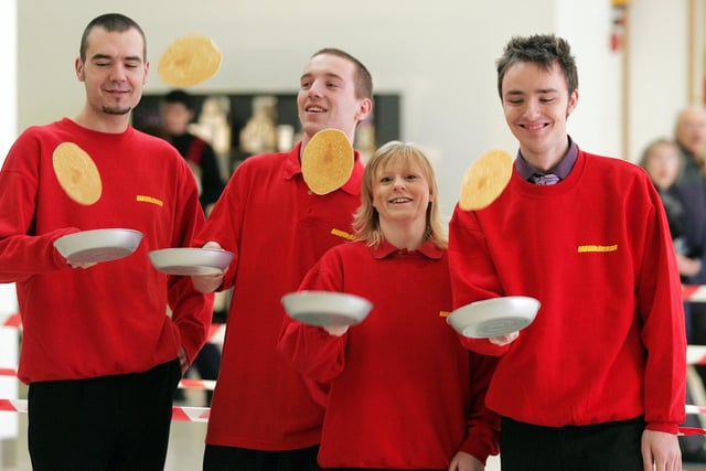 Wilkinsons staff taking part in the Weston Favell Shopping Centre pancake race in February 2006. Pictured are: Rob Buckner, Dean McKenzie, Nicola Dingwall and Graham Tranter.