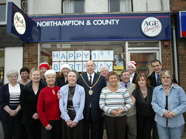 Northampton Mayor Colin Lill with staff and volunteers from Age Concern, celebrating the 1st birthday of the Age Concern shop in Far Cotton. Picture taken in 2006