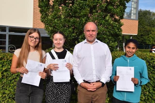 Our three top performing students: Maia, Rohini and Isabel, pictured with Principal Mr James