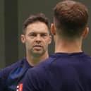 Greg Smith chats to Northants wicketkeeper Lewis McManus during a training session at the Lynn Wilson Centre at the County Ground (Picture: Tobey Williams / nccc.co.uk)
