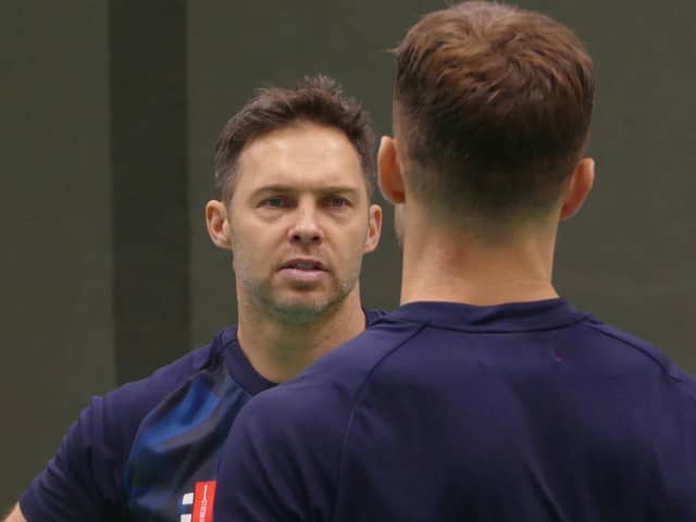 Greg Smith chats to Northants wicketkeeper Lewis McManus during a training session at the Lynn Wilson Centre at the County Ground (Picture: Tobey Williams / nccc.co.uk)