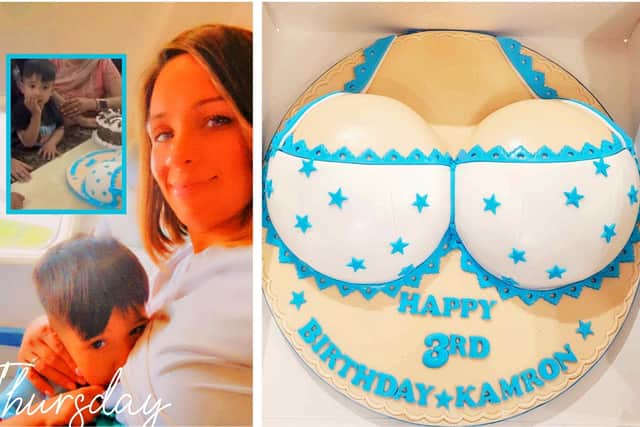 Genie Kaur and son Kamron Khahal/ Kamron with his 'boob cake'/The boob cake made by The Cake Story in Kettering /Genie Kaur
