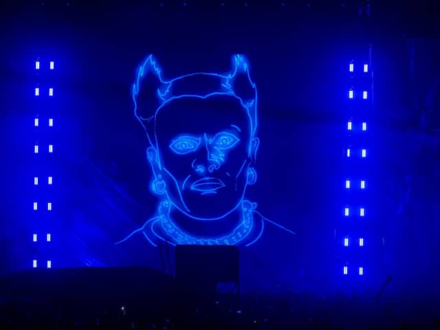 The image of Keith Flint was projected on the screens during Firestarter at the Warrior’s Dance festival on Saturday, August 22, 2026. Photo by David Jackson.