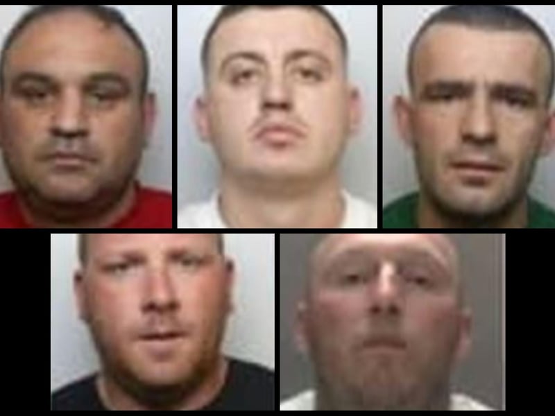 Shkodra (top, left) cannabis farms were discovered in Northampton.
According to police, the gang produced and supplied wholesale quantities of cannabis to other gangs in Northamptonshire, the West Midlands and London.
All the defendants were seen visiting Shkodra’s address in Baronson Gardens which was used as a ‘safe house’ to store goods. More drugs were found in Balfour Road, Bective Road, Reynard Way and Craven Street.
Among the others jailed for up to seven-and-a-half years were Marku (top, centre), aged 29, and 31-year-old Lleshi (top, right), both of Hardy Drive, Hardingstone; Lovesy (bottom, left), aged 38, of Bowden Road, St James and 42-year-old Carmichael (bottom, right) of Lingfield Walk, Corby,