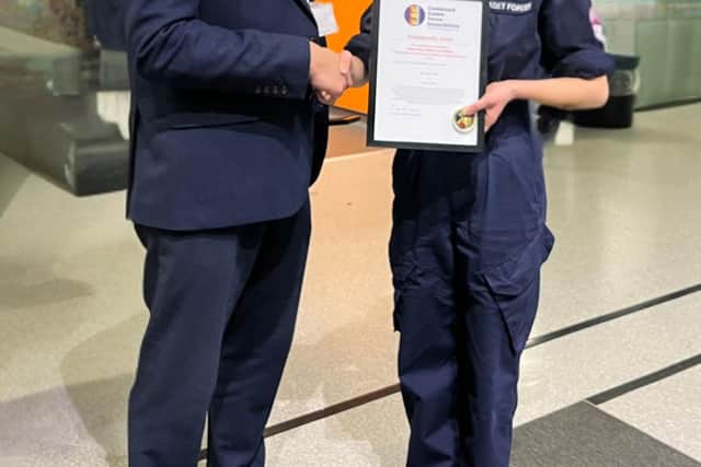 NIA Cadet Lucy Wykes was presented with a Praiseworthy Action certificate by Executive Headteacher Mr Serrão on behalf of the Combined Cadet Force Association.