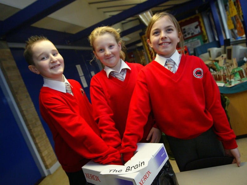 Hunsbury Park Primary School take part in Brain Awareness Week. Pupils get the chance to meet the school skeleton, make newspaper clothes and put their hands in 'feel' boxes and feel the Brain in the Brain Box. L-R are Daniel Peace aged 10, Lauren Lynch aged 10 and Abbie Arestis aged 9 feeling The Brain !