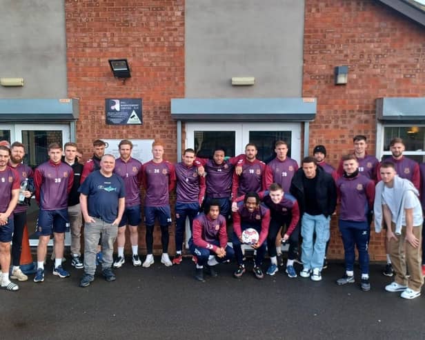 Cobblers' players and staff have taken part in suicide prevention and awareness training and are encouraging other sports clubs to do the same. Pictured with Lisa Pearson and Andy Willis from NHFT.  