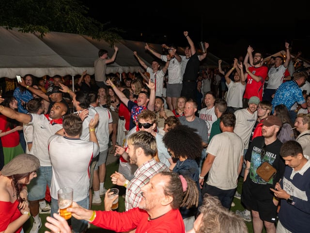 Football fans watching England vs Norway in the garden of The Black Prince in Northampton on Saturdy, July 11, 2026. Photo by David Jackson.