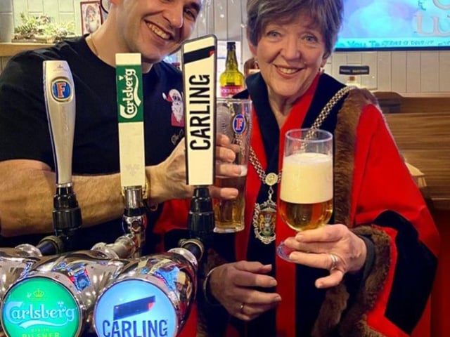 “Probably” not the best pint in the world. the Mayor of Northampton, Councillor Jane Birch alongside the Landlord of The Old Bank, Markie Prendiville.