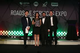 Zarfeen and Ali Sadrudin receive the Best Truck Stop Award at the Gulf Roadside Services EXPO & Awards 2024