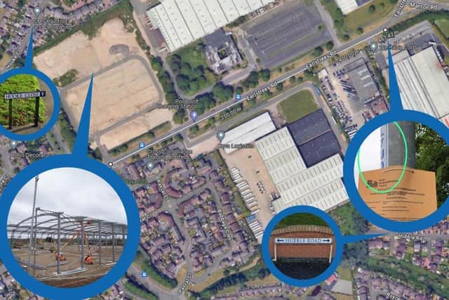 A map pinpointing the location of: Hooke Close (top-left), the warehouse development site (bottom-left), the site notice location (top-right), and Hubble Road (bottom-right), as well as the approximate distance between the warehouse development site and the site notice location. Credit: Google Maps