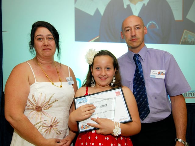 2010: Term Time Education Awards at Freemasons Hall and Conference Centre, St Georges Ave, Northampton. L-R Jacqui Roberts, Nicola Daly (Hopping Hill Primary School - Outstanding Pupuil Award - Winner) and Peter Roberts.