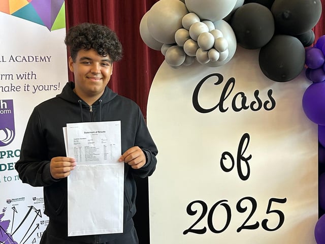 Ellis Toska celebrates A Levels at Weston Favell Academy