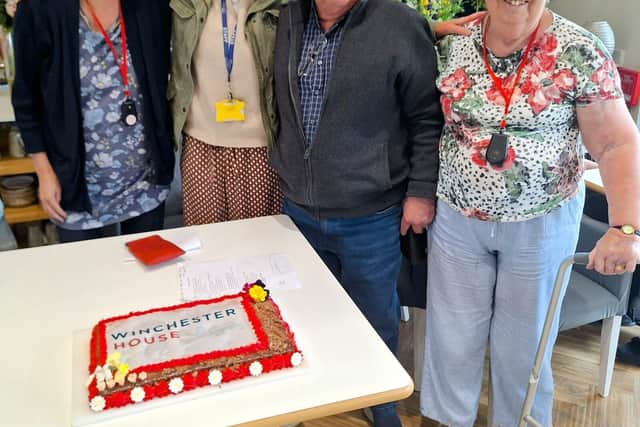 Emma surrounded by Brackley Care Home residents Louise, Richard and Pip