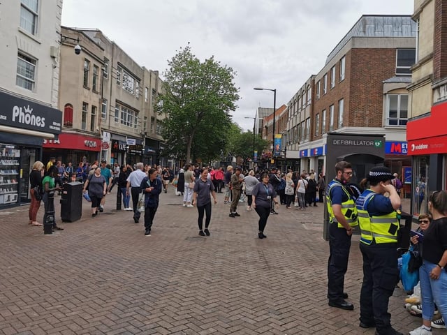 The scene in Northampton town centre today (Tuesday) as police and bomb squad units deal with "suspicious object" found in doorway near Market Square