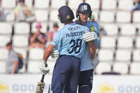 Nathan McSweeney and George Bartlett celebrate securing the Steelbacks' win over Somerset on Sunday (Picture: Peter Short)