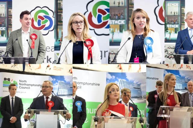 Top row from left to right: Mike Reader for Northampton South, Lucy Rigby for Northampton North, Sarah Bool for South Northamptonshire and Stuart Andrew for Daventry.Bottom row from left to right: Lee Barron for Corby and East Northamptonshire, Rosie Wrighting for Kettering and Gen Kitchen for Wellingborough and Rushden.