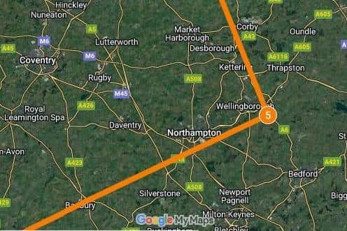 The Red Arrows flightpath is due to take them from near Corby to Rushden, then south of Northampton towards the south-west