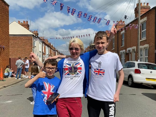 Teresa Key with her sons, Aiden and Lewis celebrating King Charles' Coronation in Stanhope Road on Sunday, May 7, 2023.