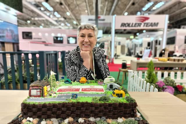 Karen Wright and the cake she made in honour of design awards