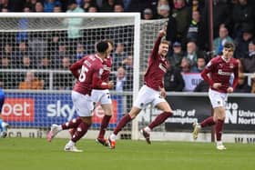 Patrick Brough celebrates after giving Cobblers a third-minute lead against Bristol Rovers on Saturday.