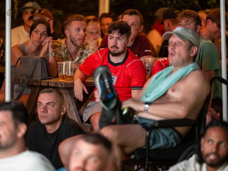 Football fans watching England vs Panama in the garden of The Black Prince in Northampton on Saturday, June 27, 2026. Photo by David Jackson.