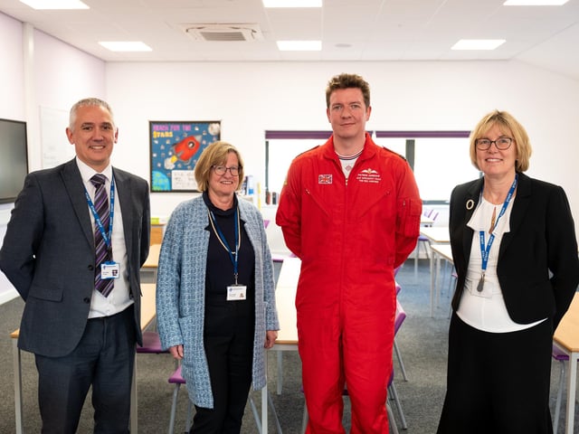 L-R Simon Frazer (Principal of Guilsborough Academy), Angela Carter (Director of GMAT), Patrick Kershaw (Red Arrows Pilot), Julie Swales (Director of GMAT)