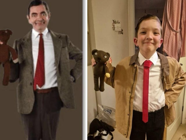 Harry, aged nine, as Mr Bean, including Teddy.