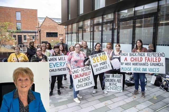 West Northants Action Group parents have been known to protest outside WNC's Angel Square offices. (Bottom left) Conservative councillor Fiona Baker is WNC's Cabinet Member for Children, Families and Education.